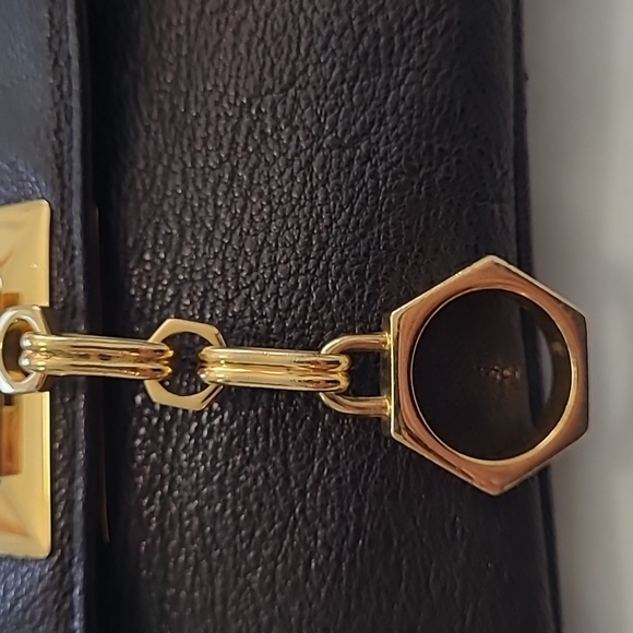 Zac Pozen Italian Black Leather Clutch with Gold Tone Hardware Unique Clasp - Picture 4 of 11